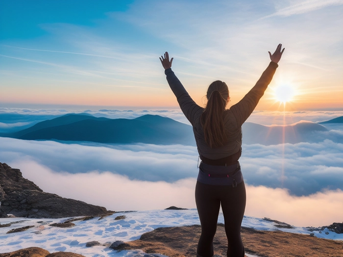bright dawn, a woman standing on top of a mountain with his arms in the air, triumphantly, standing on mountain, at the top of a mountain, insurmountable, on the top of a mountain, girl standing on mountain, a person standing in front of a, inspire and overcome, victorious on a hill, standing on a mountain top, rise above clouds
